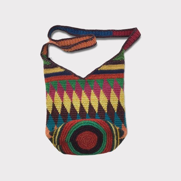 Crossbody woven harlequin Purse hand bag large multicolored zippered top bucket - Picture 1 of 9